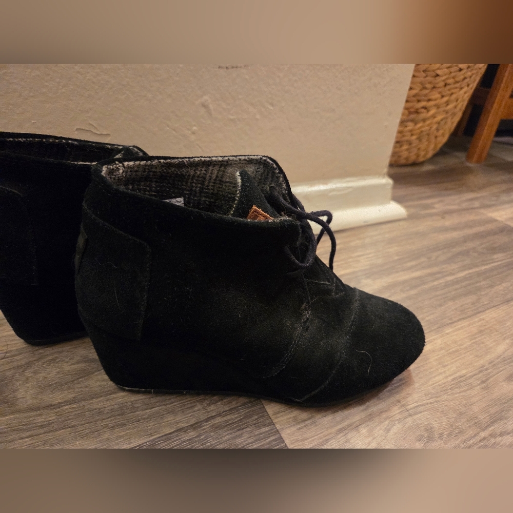 TOMS Black Suede Wedge Booties